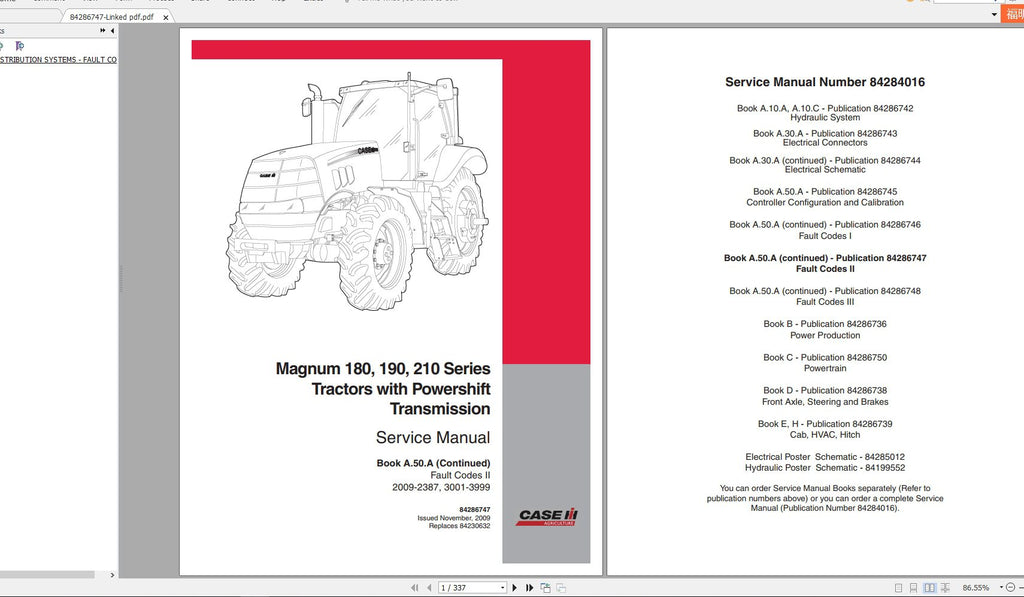 CASE IH MAGNUM 180, 190, 210 SERIES TRACTORS WITH POWERSHIFT TRANSMISSION SERVICE MANUAL 84286747 - PDF FILE