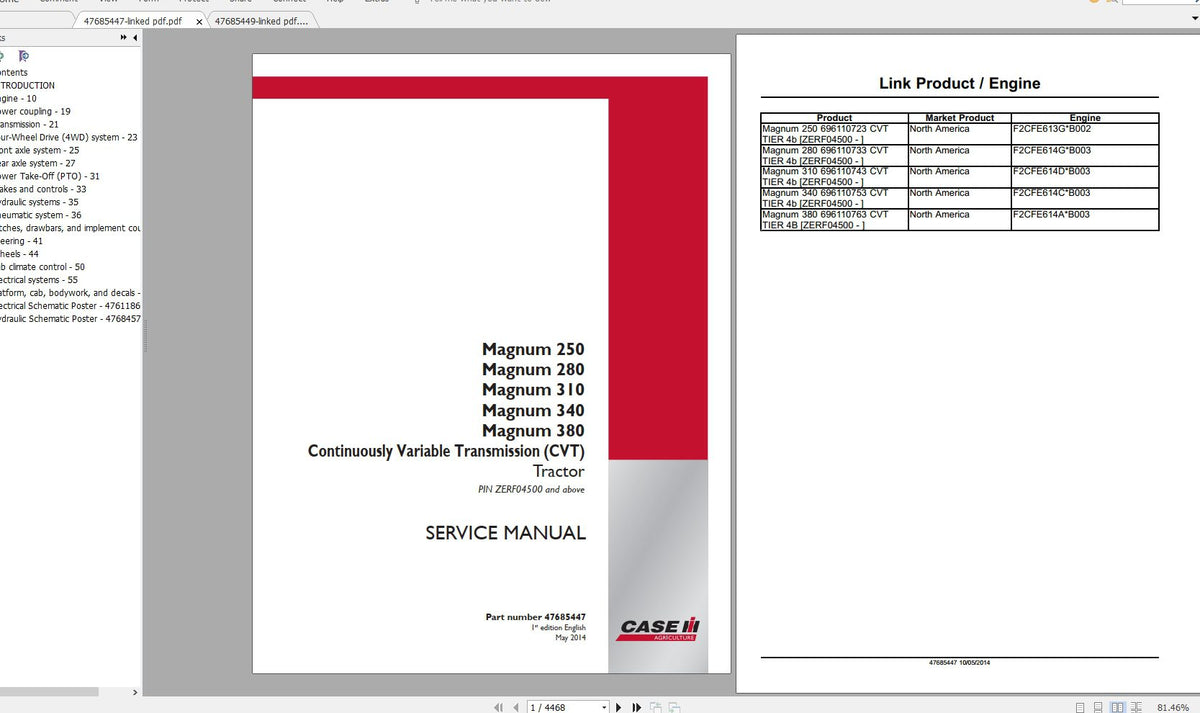 CASE IH MAGNUM 250 280 310 340 380 CVT TRACTORS SERVICE MANUAL - PDF FILE