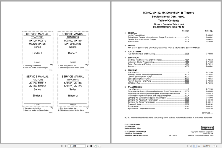 CASE IH MX100, MX110, MX120, MX135 SERIES TRACTORS SERVICE REPAIR MANUAL - PDF FILE