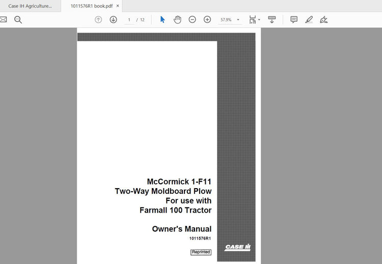 CASE IH Tractor 1-F11 Two-Way Moldboard Plow, Farmall 100 Operator’s Manual 1011576R1 - PDF File
