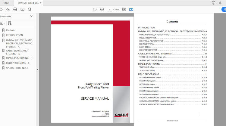 CASE IH TRACTOR 1250 EARLY RISER FRONT FOLD TRAILING PLANTER – COMPLETE SERVICE MANUAL 84591533 - PDF FILE