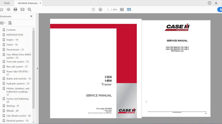CASE IH TRACTOR 1254, 1404 SERVICE MANUAL 48144038 - PDF FILE