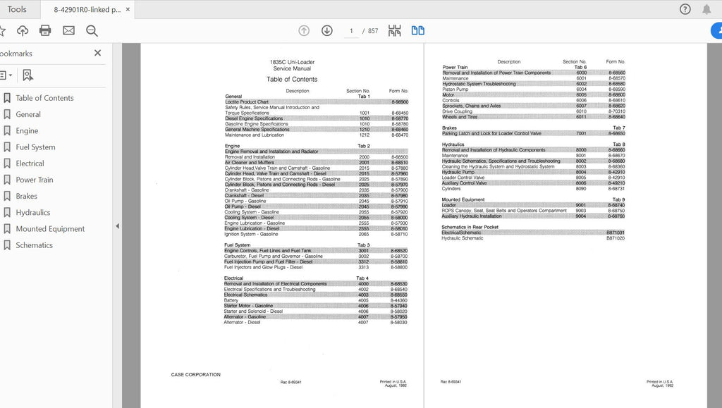 CASE IH TRACTOR 1835C UNI-LOADER COMPLETE SERVICE MANUAL 8-42901R0 - PDF FILE