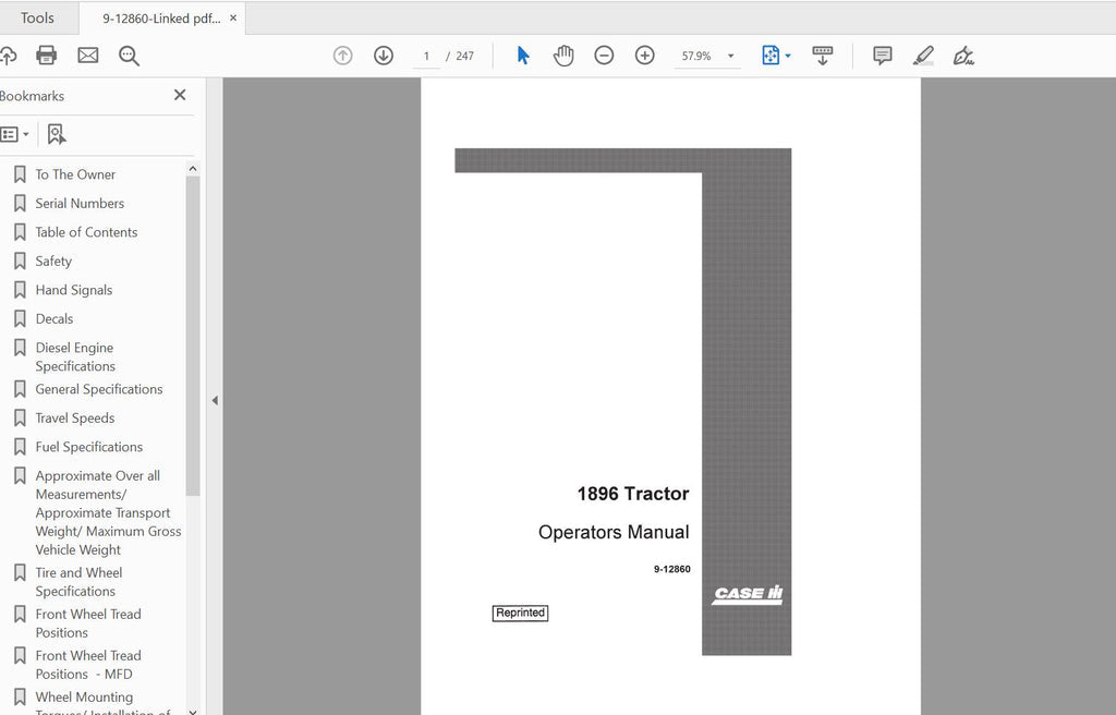 CASE IH TRACTOR 1896 95000 – 5002, 17895005 UP OPERATOR’S MANUAL 9-12860 - PDF FILE