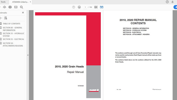 CASE IH Tractor 2010, 2020 Grain Heads Service Manual 87040408 – PDF File