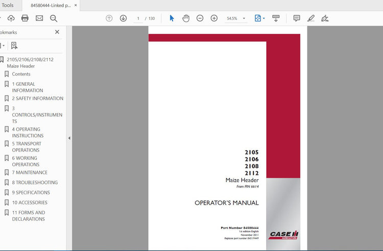 CASE IH Tractor 2105 2106 2108 2112 Maize Header Operator’s Manual 84580444 PDF