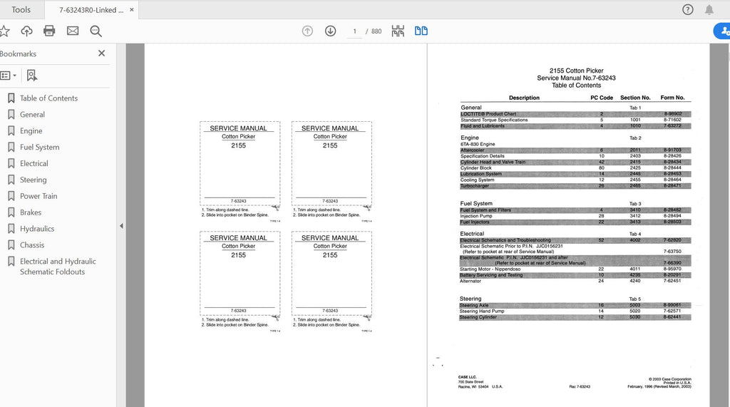 CASE IH TRACTOR 2155 COTTON PICKER COMPLETE SERVICE MANUAL 7-63243R0 - PDF FILE