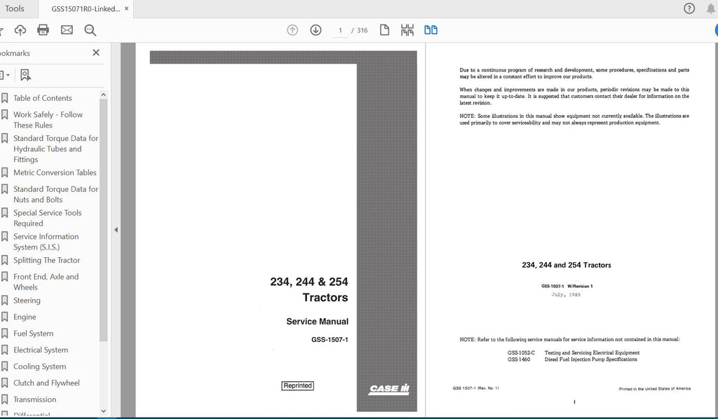 CASE IH TRACTOR 234 244 254 TRACTOR COMPLETE SERVICE MANUAL GSS15071R0 - PDF FILE