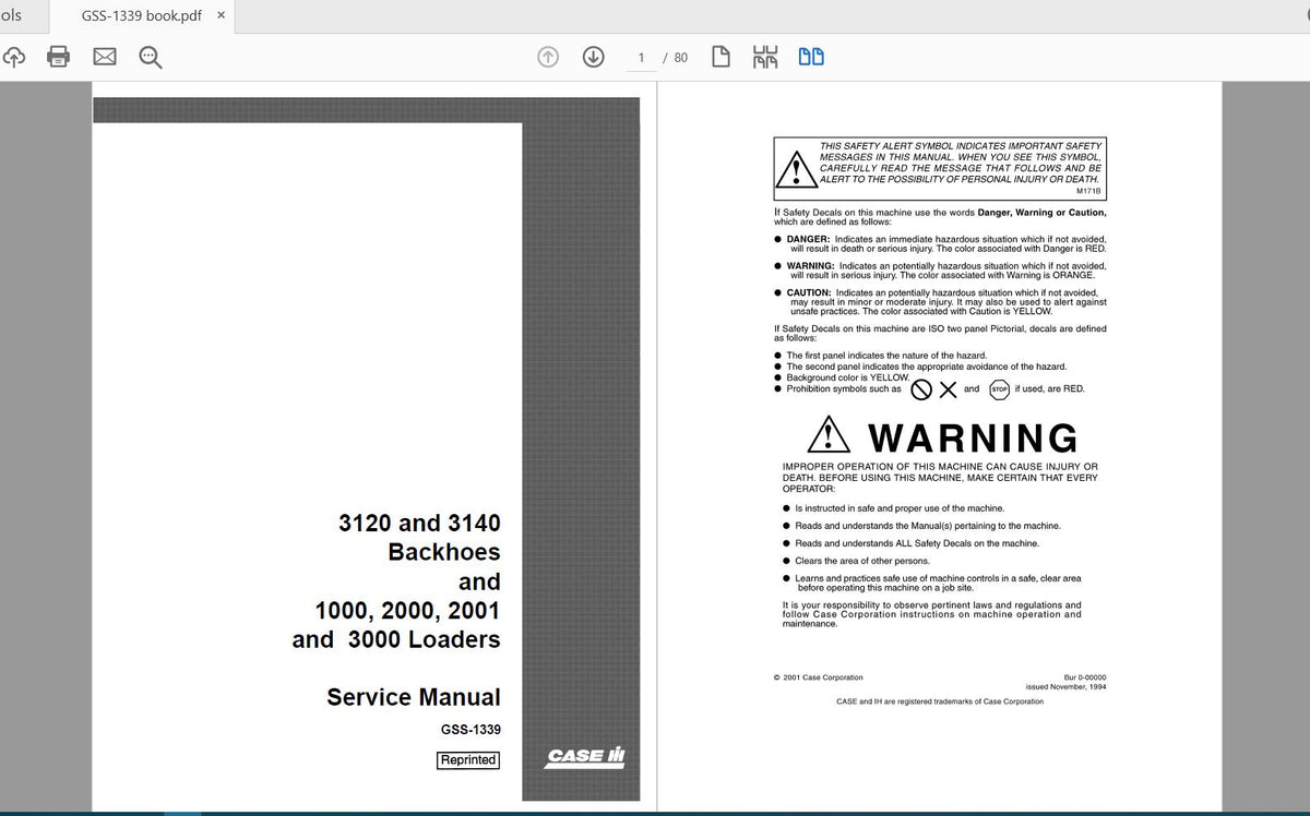 CASE IH TRACTOR 3120 AND 3140 BACKHOES, 1000,2000,2001,3000 LDRS SERVICE MANUAL GSS-1339 - PDF FILE