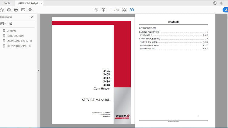 CASE IH TRACTOR 3406, 408, 412, 3416, 3418 CORN HEADER SERVICE MANUAL 84160526 - PDF FILE
