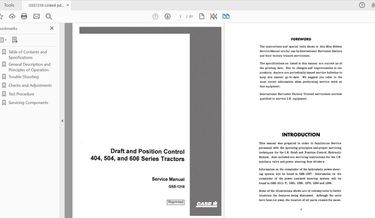 CASE IH TRACTOR 404, 504 TRACTOR DRAFT, POSITION CNTL HITCH SERVICE MANUAL GSS1318 - PDF FILE