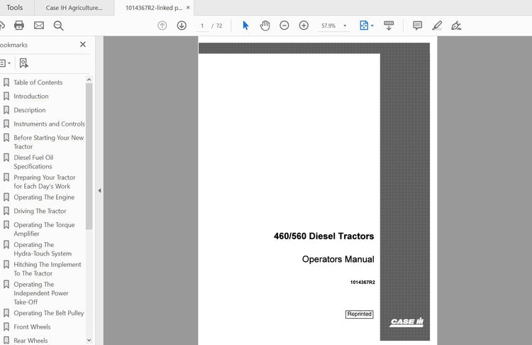 CASE IH TRACTOR 460, 560 DIESEL - 1014367R2 OPERATOR’S MANUAL - PDF FILE