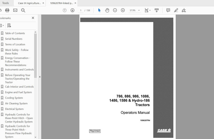 CASE IH TRACTOR 786, 886, 986, 1086, 1486, 1586,HYDRO-186 OPERATOR’S MANUAL 1096207R4 - PDF FILE