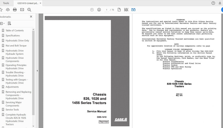 CASE IH Tractor 826, 1026, 1456 Chassis Only Service Manual GSS1410 – PDF File