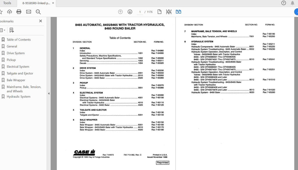CASE IH TRACTOR 8455 8460 8465 ROUND BALER COMPLETE SERVICE MANUAL 8-95585R0 - PDF FILE