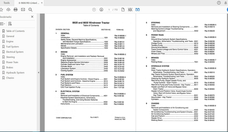 CASE IH Tractor 8820, 8830 Windrower Complete Service Manual 8-98061R0 – PDF File