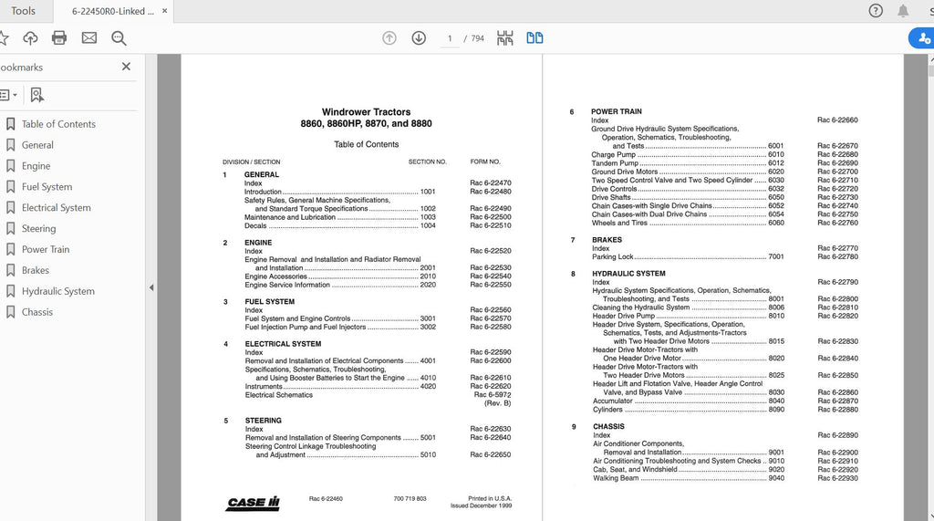 CASE IH TRACTOR 8860, 8870, 8880 WINDROWER COMPLETE SERVICE MANUAL 6-22450R0 - PDF FILE