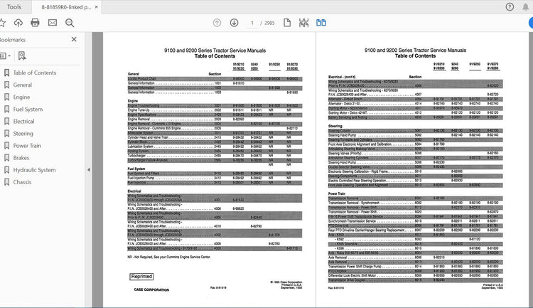 CASE IH TRACTOR 9100,9200 SERIES SERVICE MANUAL 8-81859R0 - PDF FILE