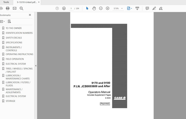 CASE IH Tractor 9170 & 9180 JCB0003600 & AFT Complete Operator’s Manual – 9-15310 PDF