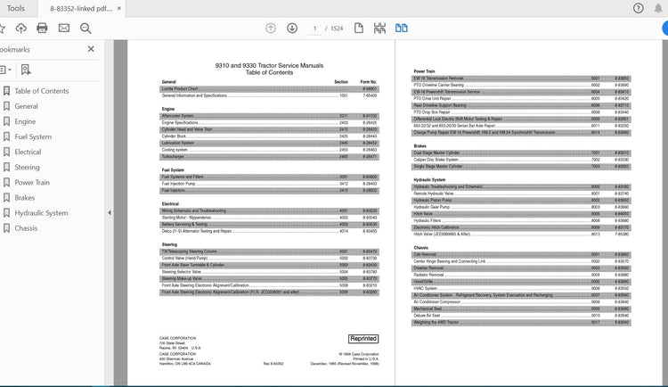 CASE IH TRACTOR 9310,9330 SERVICE MANUAL 8-83352 - PDF FILE