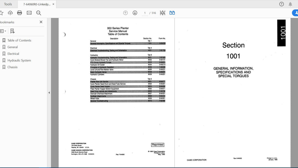 CASE IH TRACTOR 950 PLANTER COMPLETE SERVICE MANUAL 7-64060R0 - PDF FILE