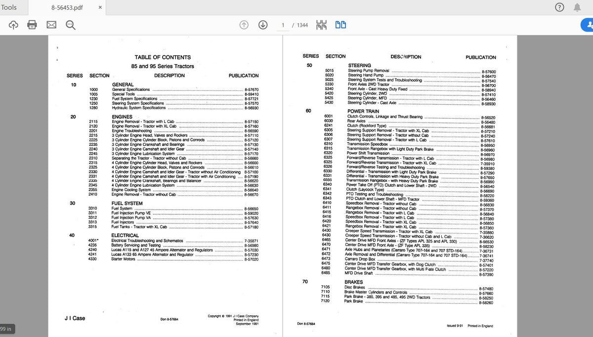 CASE IH TRACTOR 9585 SERIES SERVICE MANUAL 8-56453 - PDF FILE