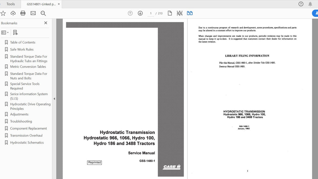 CASE IH TRACTOR 966, 1066, HYDROSTATIC DRIVE TRANSMISSION-HYDRO 100,186, 3488 SERVICE MANUAL GSS14801 - PDF FILE