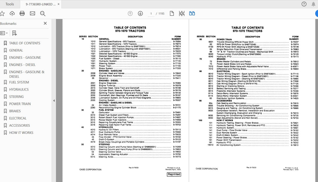 CASE IH TRACTOR 970-1070 COMPLETE SERVICE MANUAL 9-77365R0 - PDF FILE