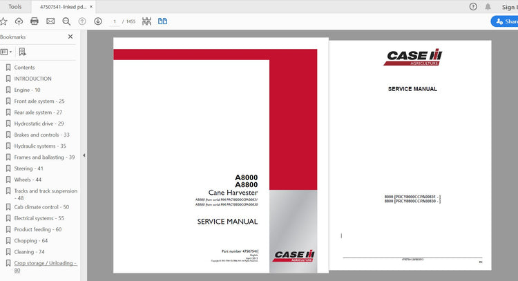 CASE IH TRACTOR A8000, A8800 CANE HARVESTER SERVICE MANUAL 47507541 - PDF FILE