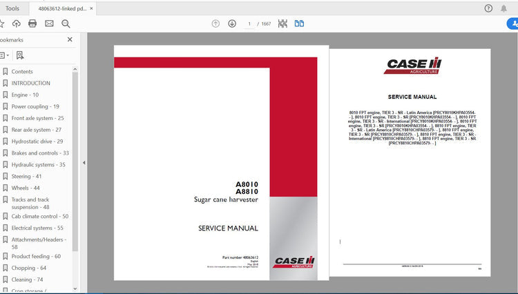 CASE IH TRACTOR A8010, A8810 SUGAR CANE HARVESTER SERVICE MANUAL 48063612 - PDF FILE