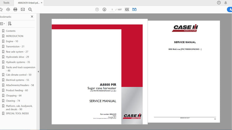 CASE IH TRACTOR A8800 MR SUGAR CANE HARVESTER SERVICE MANUAL 48063439 - PDF FILE