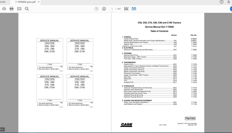 CASE IH Tractor C50, C60, C70, C80, C90, C100 Service Manual 7-70900R0 - PDF File