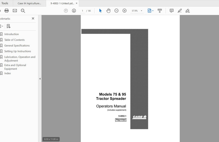 CASE IH TRACTOR CASE 75 AND 95 TRACTOR SPREADER 9-4002-1 OPERATOR’S MANUAL - PDF FILE