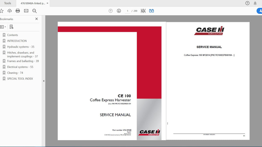 CASE IH TRACTOR CE 100 COFFEE EXPRESS HARVESTER SERVICE MANUAL 47618948A - PDF FILE