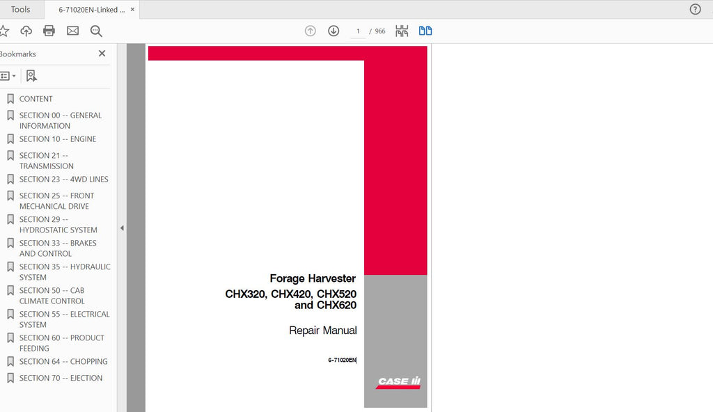 CASE IH TRACTOR CHX320, CHX420, CHX520, CHX620 SERVICE MANUAL 6-71020EN - PDF FILE