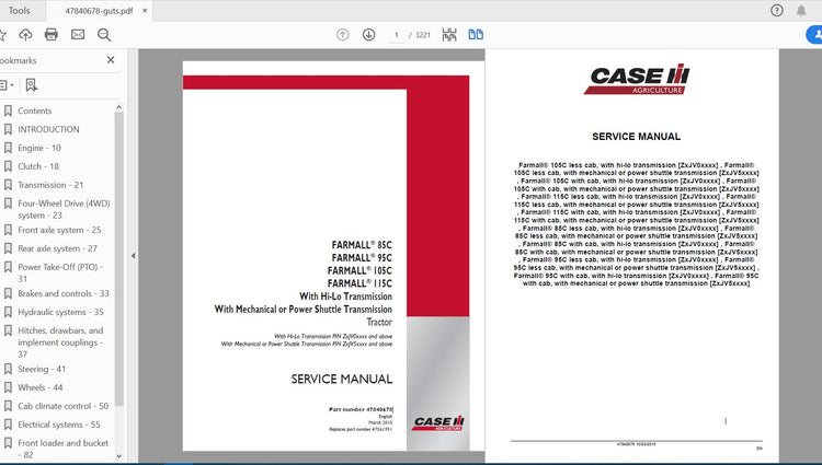 CASE IH TRACTOR COMPLETE – FARMALL 85C, 95C, 105C, 115C SERVICE MANUAL 47840678 - PDF FILE