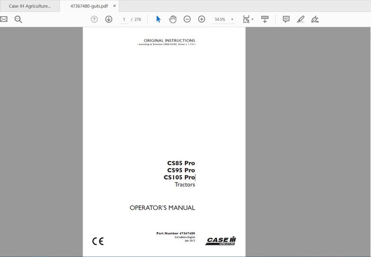 Case IH Tractor CS85 Pro, CS95 Pro, CS105 Pro Operator's Manual (Part No. 47367480) - PDF