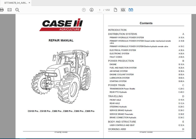 CASE IH TRACTOR CS PRO 80, 90, 100 SERVICE MANUAL 87734467B - PDF FILE