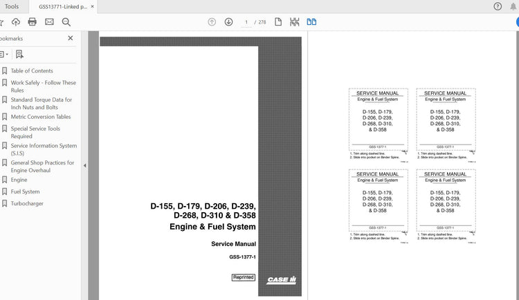 CASE IH Tractor D155 D179 D206 D239 D268 D310 D358 Engine Fuel System Diesel Service Manual GSS13771 – PDF File