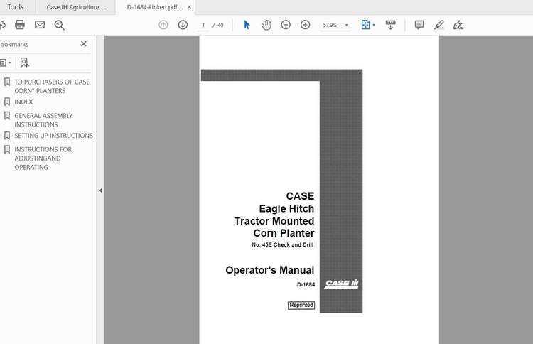 CASE IH TRACTOR EAGLE HITCH TRACTOR MOUNTED CORN PLANTER #45E CHECK AND DRILL D-1684 OPERATOR’S MANUAL - PDF FILE