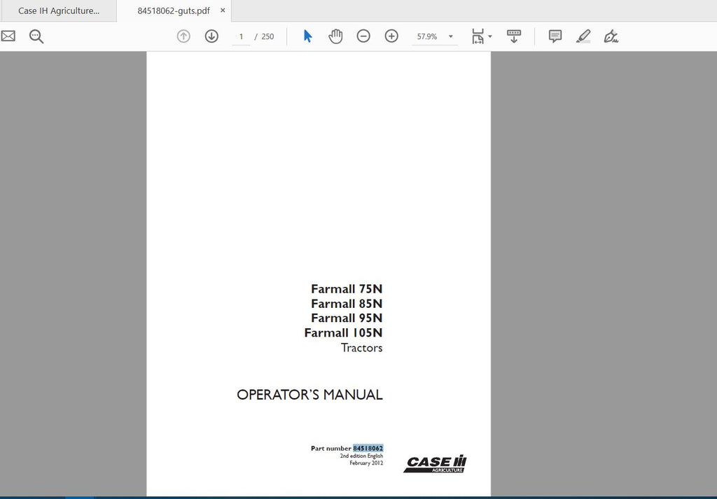 CASE IH TRACTOR FARMALL75N,FARMALL85N,FARMALL95N FARMALL 84518062 OPERATOR’S MANUAL - PDF FILE