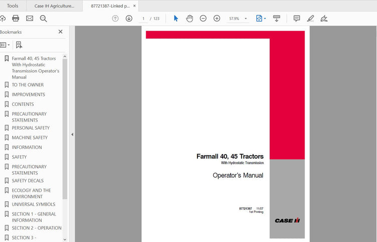 CASE IH TRACTOR FARMALL 40, 45 TRACTORS WITH HYDROSTATIC TRANS 87721387 OPERATOR’S MANUAL - PDF FILE