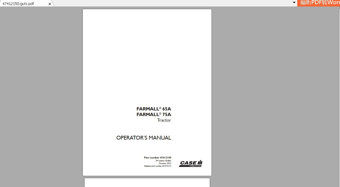 CASE IH TRACTOR FARMALL 65A, 75A 47412150 OPERATOR’S MANUAL - PDF FILE