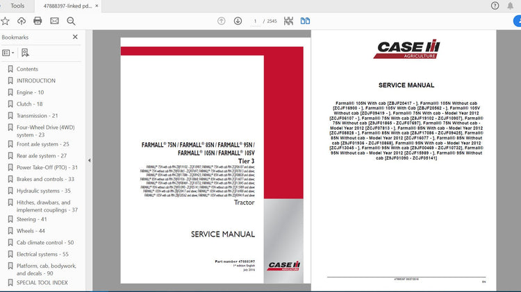 CASE IH TRACTOR FARMALL 75N 105N, FARMALL 105V TIER 3 SERVICE MANUAL 47888397 - PDF FILE