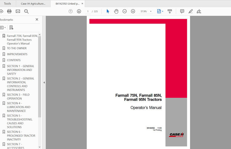 CASE IH TRACTOR FARMALL 75N,FARMALL 85N, FARMALL 95N 84142392 OPERATOR’S MANUAL - PDF FILE