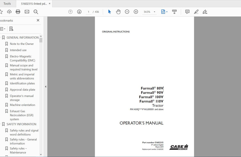 CASE IH TRACTOR FARMALL 80V,90V,100V,110V 51602315 OPERATOR’S MANUAL - PDF FILE