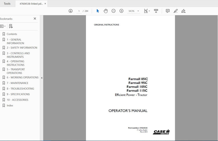 CASE IH TRACTOR FARMALL 85C, 95C, 105C, 115C 47604538 OPERATOR’S MANUAL - PDF FILE