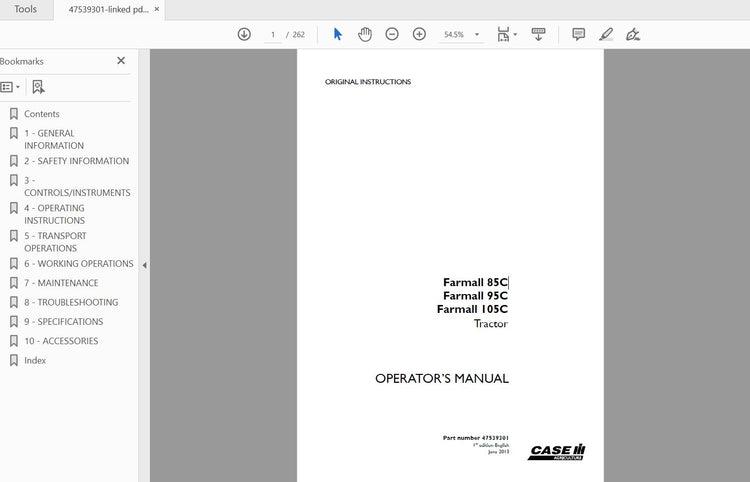 CASE IH TRACTOR FARMALL 85C,95C,105C 47539301 OPERATOR’S MANUAL - PDF FILE