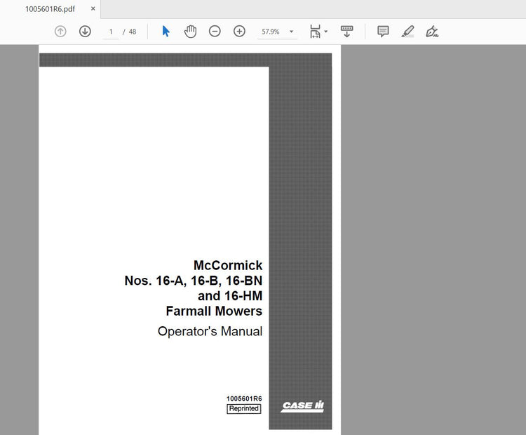 CASE IH TRACTOR FARMALL MOWERS 16A, 16B,16BN, 16HM 1005601R6 OPERATOR’S MANUAL - PDF FILE