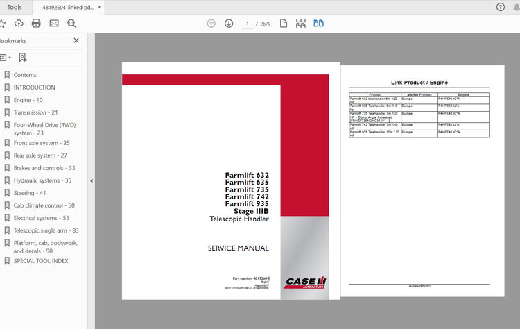CASE IH TRACTOR FARMLIFT 632, 635, 735, 742, 935 TELESCOPIC HANDLER SERVICE MANUAL 48192604 - PDF FILE